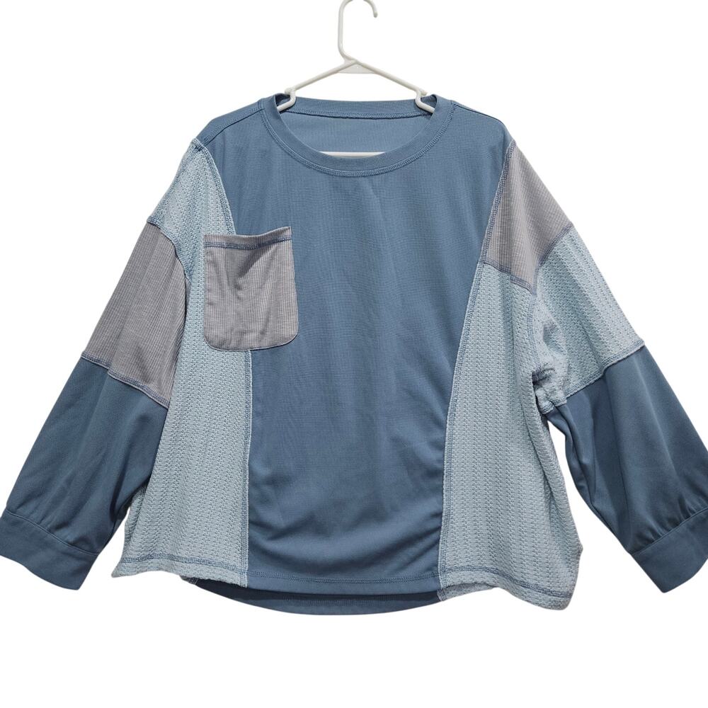 Women's Multi Texture Blue Gray Colorblock Oversized Pullover Size XL Grunge